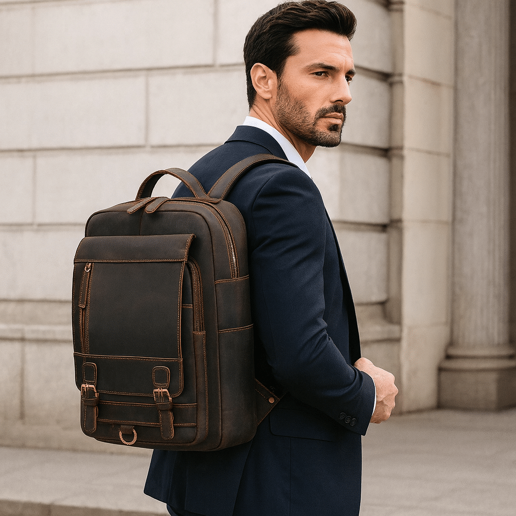 Sac A Dos Ordinateur Homme En Cuir Tendance Marron.png